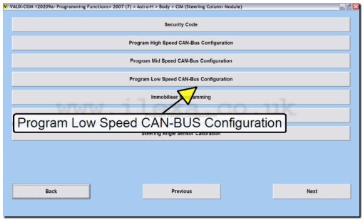 Screen shot showing Low speed CAN-BUS configuration with VAUX-COM