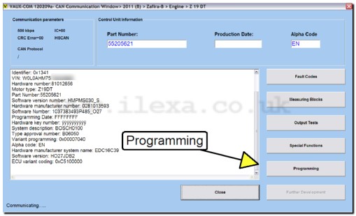 Screen shot showing VAUX-COM programming button
