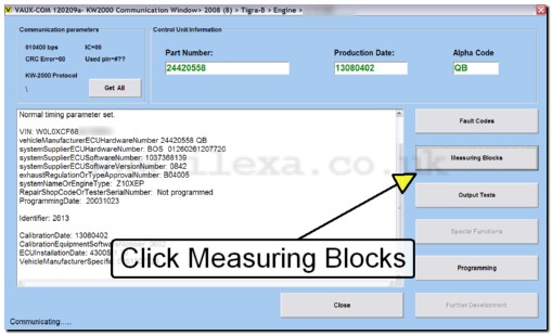 VAUX-COM screenshot says click measuring blocks