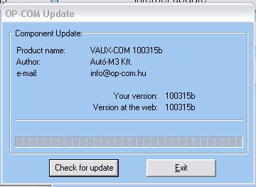 VAUX-COM check for update online Screenshot showing update check result