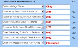 Live data from the airbag module shown in VAUX-COM