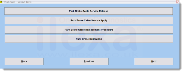 Screenshot showing parking brake cable release, apply and calibration needed when replacing the parking brake cable on a Vauxhall Insignia