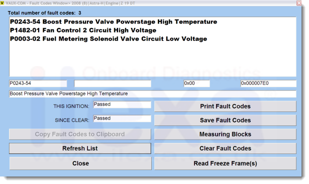 Screenshot showing fault codes in the vauxhall diagnostic tool VAUX-COM