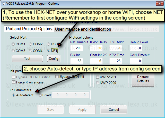 Change settings in the VCDS options screen when using a Ross-Tech HEX-NET over WiFi