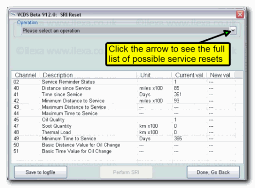 Image of VCDS screen showing service routine drop down box