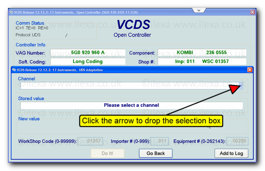 VCDS screen shot of adaptation screen with arrow at selection box