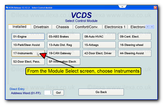 Screen shot of VCDS with arrow showing instruments button