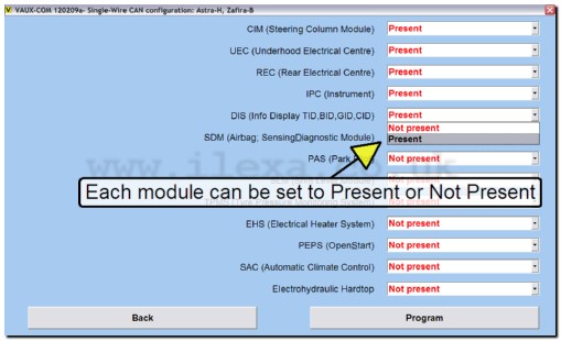 Screen shot in VAUX-COM showing the possible Low speed CAN-BUS modules