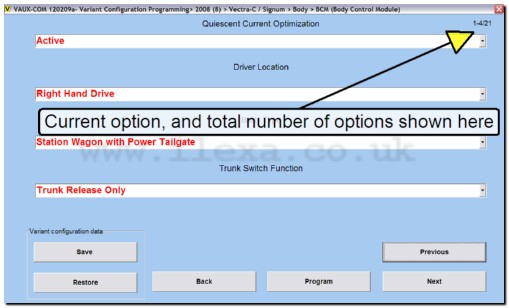 Screen shot shows number of variant configuration options VAUX-COM displays on a Vectra C BCM