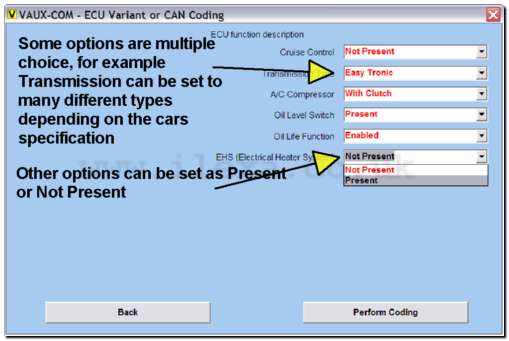 Screen shot showing VAUX-COM Variant Configuration options on a Corsa D Z13DTJ ECM