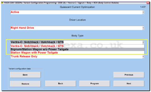 Screen shot showing VAUX-COM variant configuration screen for complex modules such as body controllers and gateways