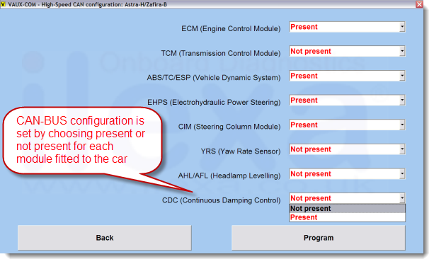 VAUX-COM high speed CAN-BUS configuration Screenshot showing VAUX-COM setting the high speed CAN-BUS configuration in the CIM module